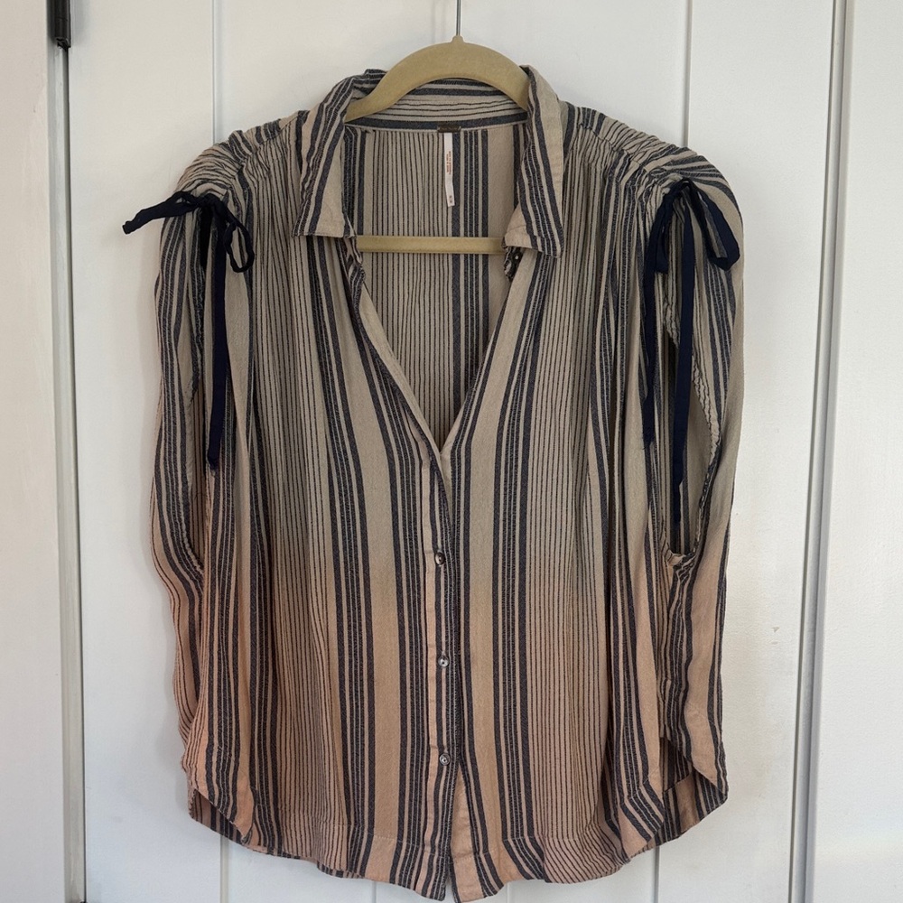 Free People Striped Button Down Shirt Beige Navy Women’s Size Medium